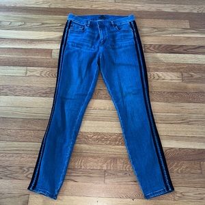 Stretchy straight leg jeans with black velvet stripes up sides.